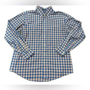 Land’s End Traditional Fit No Iron Twill Shirt Blue Orange Plaid Size Large